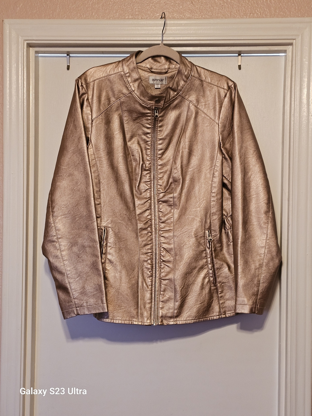 Avenue Metallic Rose Gold Faux Leather Moto-Style Jacket